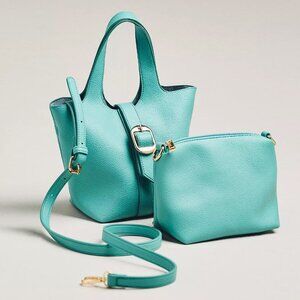 Aqua Pebbled Mini Bucket Tote, 2-in-1 Vegan Leather Handbag, Anthropologie